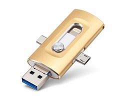 WiseGoods USB Stick 256 GB 3-in-1 - USB-C, Lightning, Micro-USB en USB-A - OTG USB Flashdrive voor iPhone, Android en PC - USB 3.0 Back-up - Goud