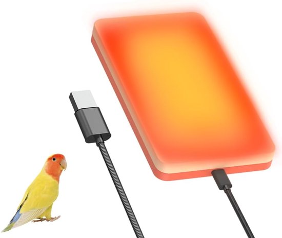 Oranje warmteplaat met USB-kabel en een kleine kleurrijke parkiet.