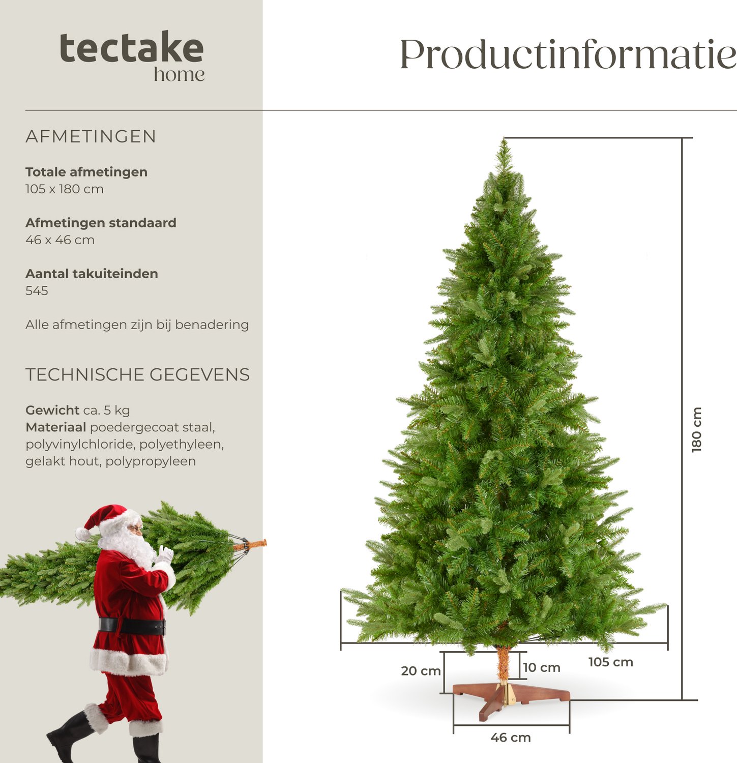 tectake® Kunstkerstboom Cupid - Natuurgetrouwe uitstraling met flexibele takken - Dichte diepgroene naalden - Snelle opbouw met steeksysteem - Inclusief inklapbare standaard - 180cm - 545 takken – foto 5
