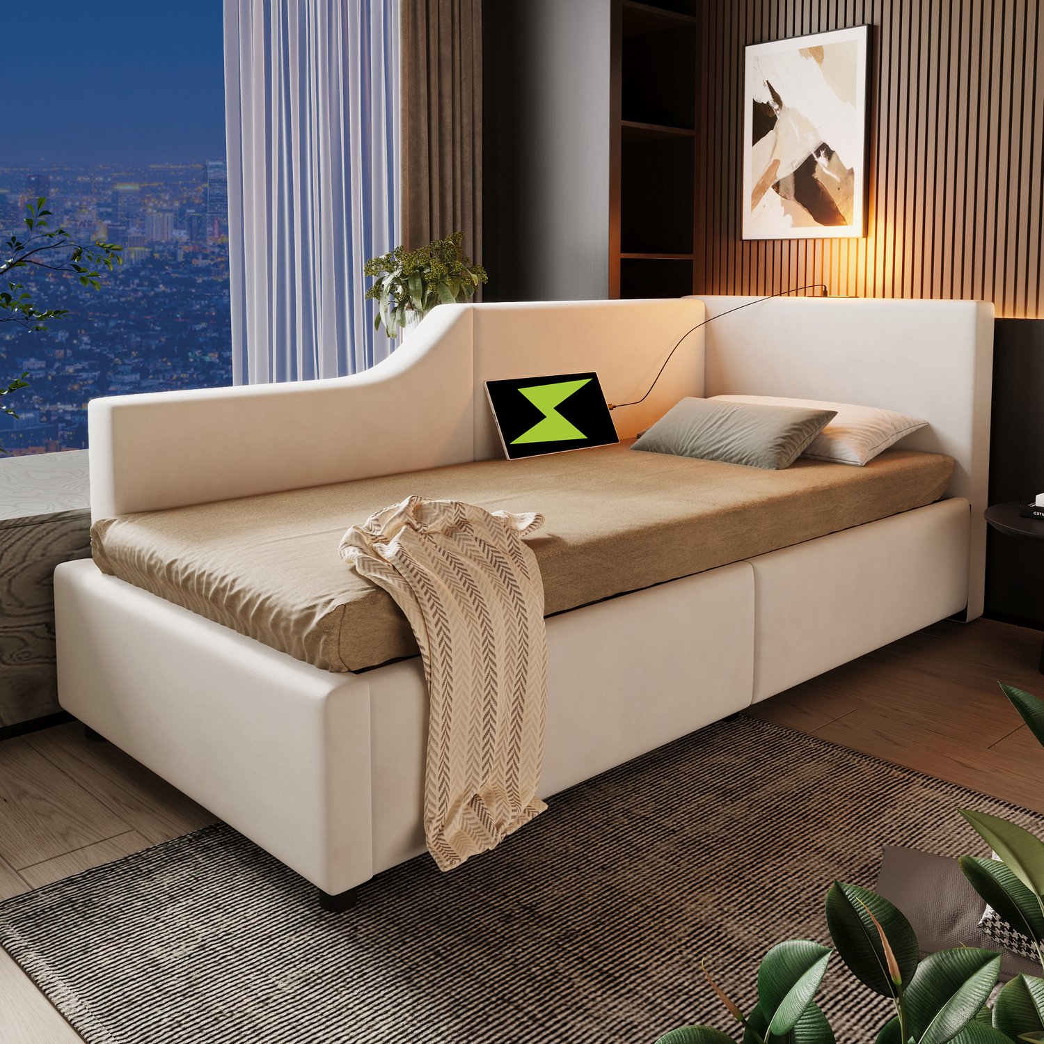 Welltin Bedbank 90x200 cm - Dagbed met opbergruimte - USB-C-aansluiting - Ingebouwde leeslamp - Fluwelen bedframe in beige – Voor slaapkamer of logeerkamer – 213x98x70,5 cm