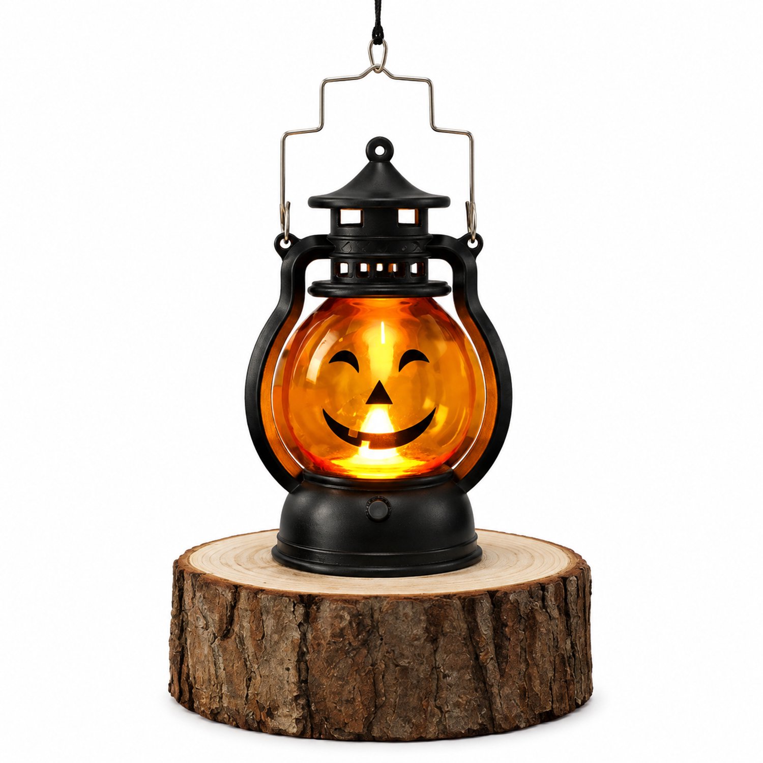LED-Halloweenlantaarn met glimlachend pompoengezicht en draagstok, kunststof, zwart en oranje, in bedrukte doos