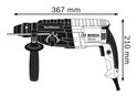 Technische lijntekening van de Bosch boorhamer met afmetingen van 367 mm bij 210 mm.