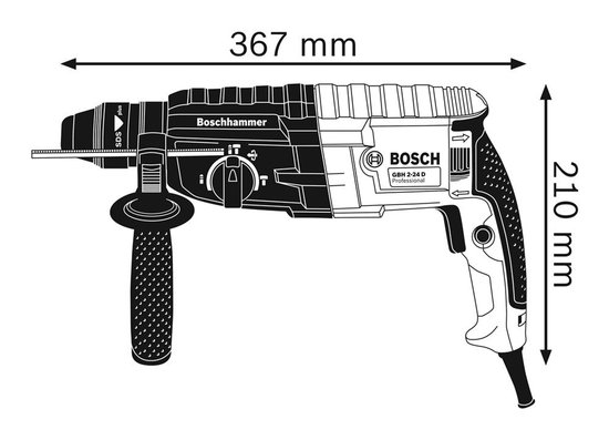 Technische lijntekening van de Bosch boorhamer met afmetingen van 367 mm bij 210 mm.