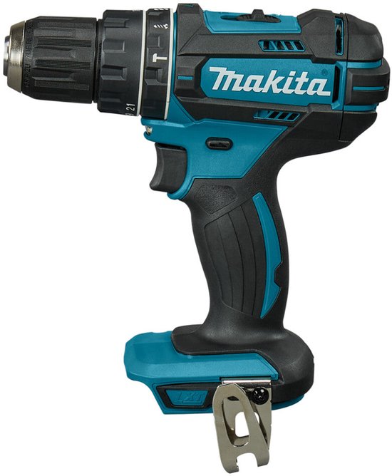 Makita accuklopboormachine met verstelbare kop, zwarte handgreep en blauwe behuizing.