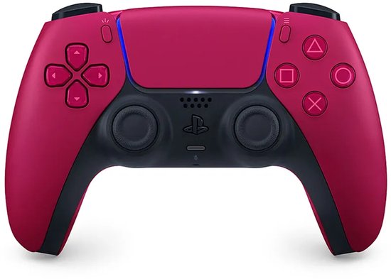 Vooraanzicht van de roze PlayStation DualSense draadloze controller met centrale touchpad en PlayStation-logo.