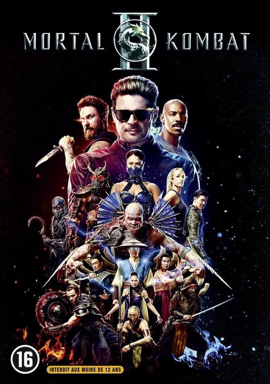 Mortal Kombat II filmposter met diverse personages in vechtuitrusting onder de titel en een 16+ leeftijdsmarkering.
