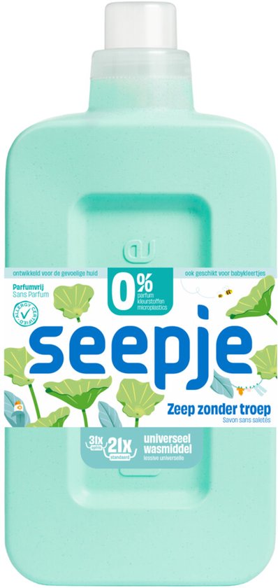 Lichtgroene Seepje wasmiddelfles met label '0% parfum, kleurstof, microplastics' en 'zeep zonder troep'.