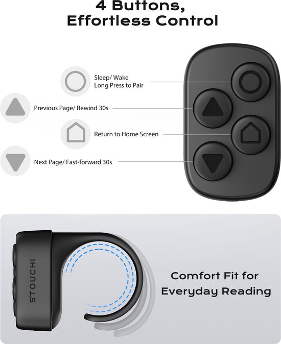 Stouchi Paginadraaier voor Kobo eReaders – Bluetooth 5.4 Afstandsbediening – Clipvrij Ringmodel met 4 Knoppen – Oplaadcase – 12+ Uur, 140+ Uur Totaal – Voor Clara BW/Colour, Libra Colour/2, Clara 2E, Sage & Elipsa 2E – Zwart — afbeelding 2