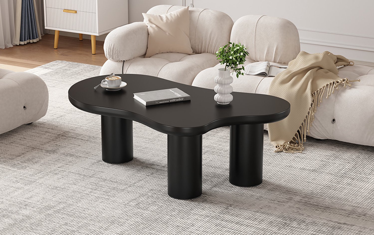 MIVRAY Salontafel - Wolkenvormig Design Met Drie PVC Poten - Voor Moderne Woonkamer - MDF - 107x66x40,5 Cm - Zwart