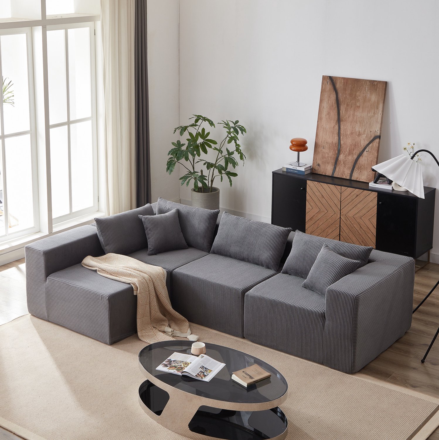 MIVRAY Hoekbank 264 cm - Modulaire L Vorm Met Brede Zitting - 4 Zits Voor Woonkamer En Slaapkamer - Ribstof Grijs