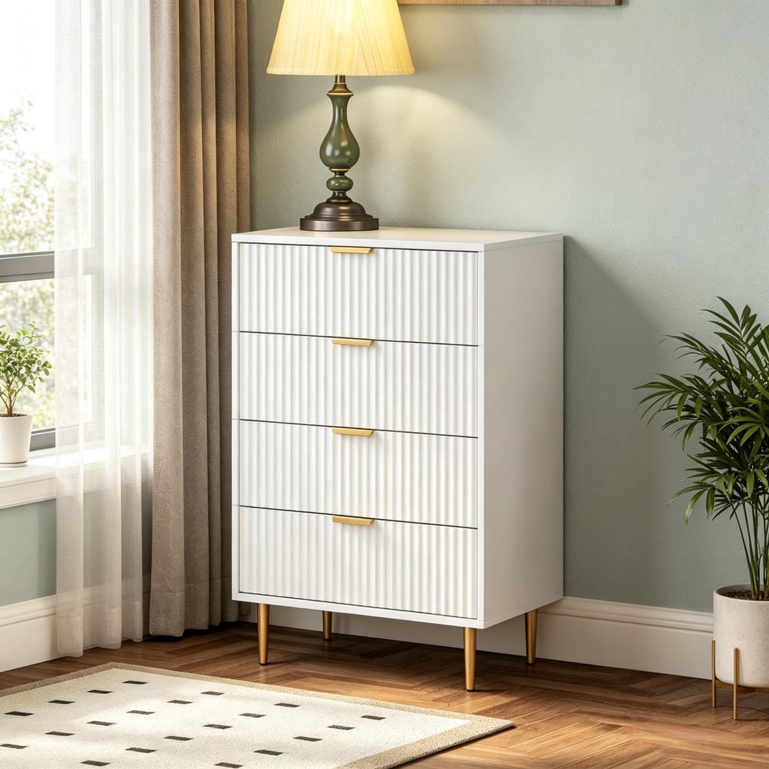 Clruro Ladekast - 60 x 40 x 96 cm - 4 Lades - Gouden Grepen en Poten - MDF/Metaal - Wit