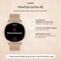Rosé gouden smartwatch toont menstruatiecyclus-functie voor bijhouden van vruchtbare dagen en cyclusvoorspelling.