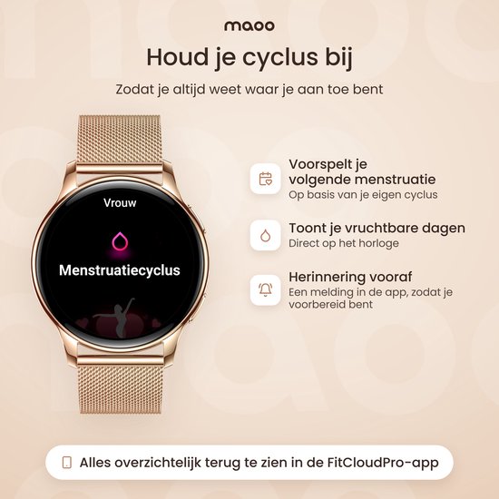 Rosé gouden smartwatch toont menstruatiecyclus-functie voor bijhouden van vruchtbare dagen en cyclusvoorspelling.