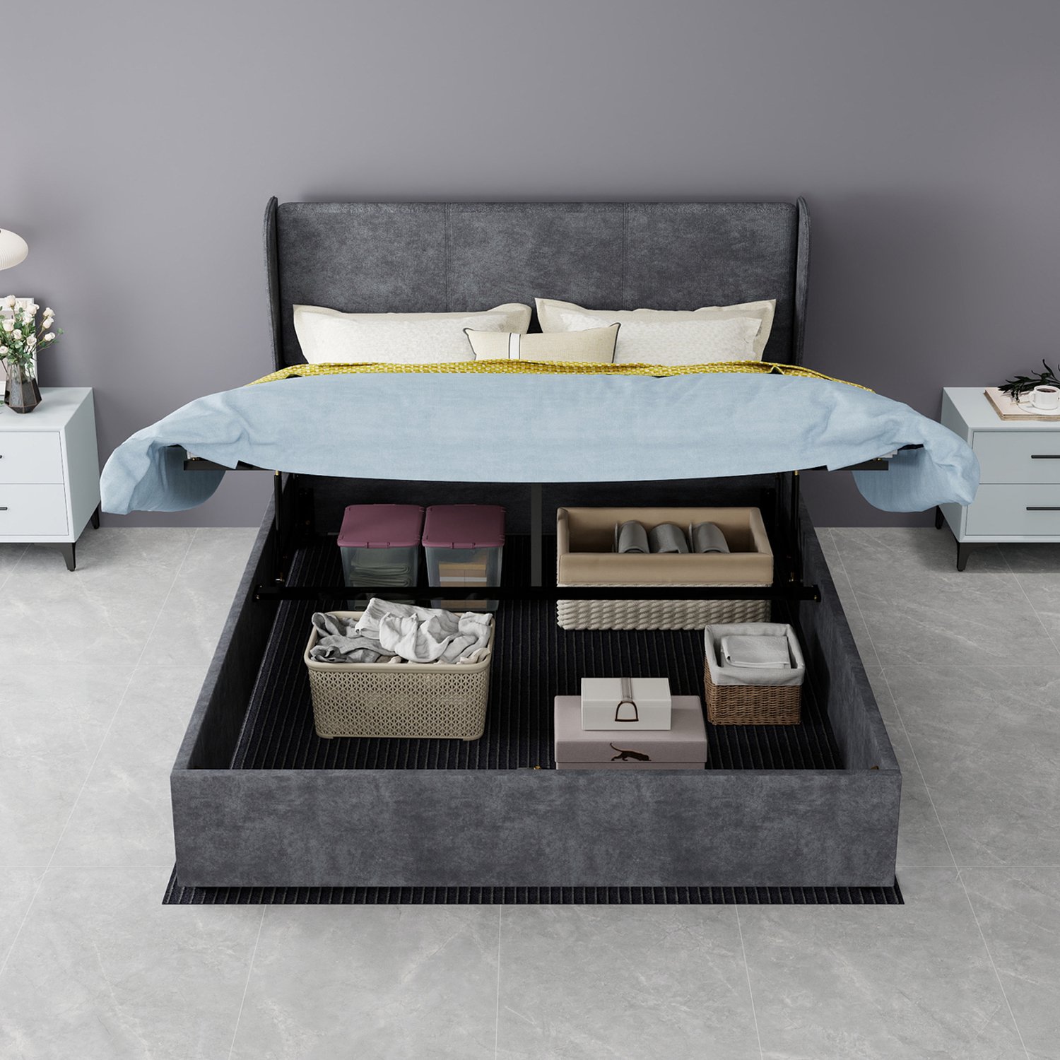 WUVRIE Gestoffeerd opbergbed 140x200 cm - Gaslift en lattenbodem - Grijs