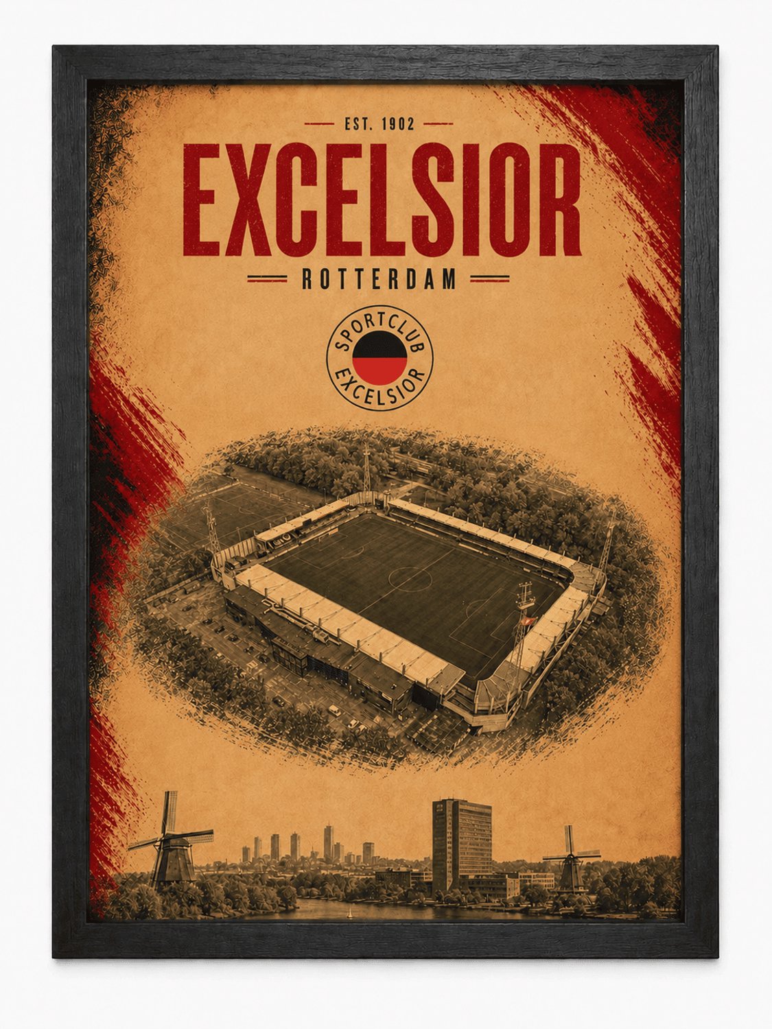 Joshimo Excelsior Rotterdam Poster | Voetbalposter met Stadion en Rotterdam Skyline | Inclusief Zwarte A3 Lijst