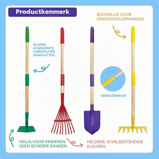 Kids Tuinieren Tool Set, 70CM Kruiwagen met 70CM Metalen Schop Hark Schoffel Blad Hark 20CM Schop Hark Handschoenen Educatief STEM Leren Pretend Speelgoed voor Outdoor Tuin Yard Gazon Graven — afbeelding 2