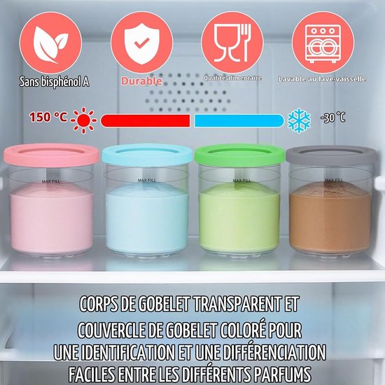 Set van 4 bekers bakjes - geschikt voor Ninja Creami-ijsmachine - accessoires geschikt voor de NC301-, NC300- en NC299AMZ-serie – BPA-vrij & vaatwasserbestendig — afbeelding 4