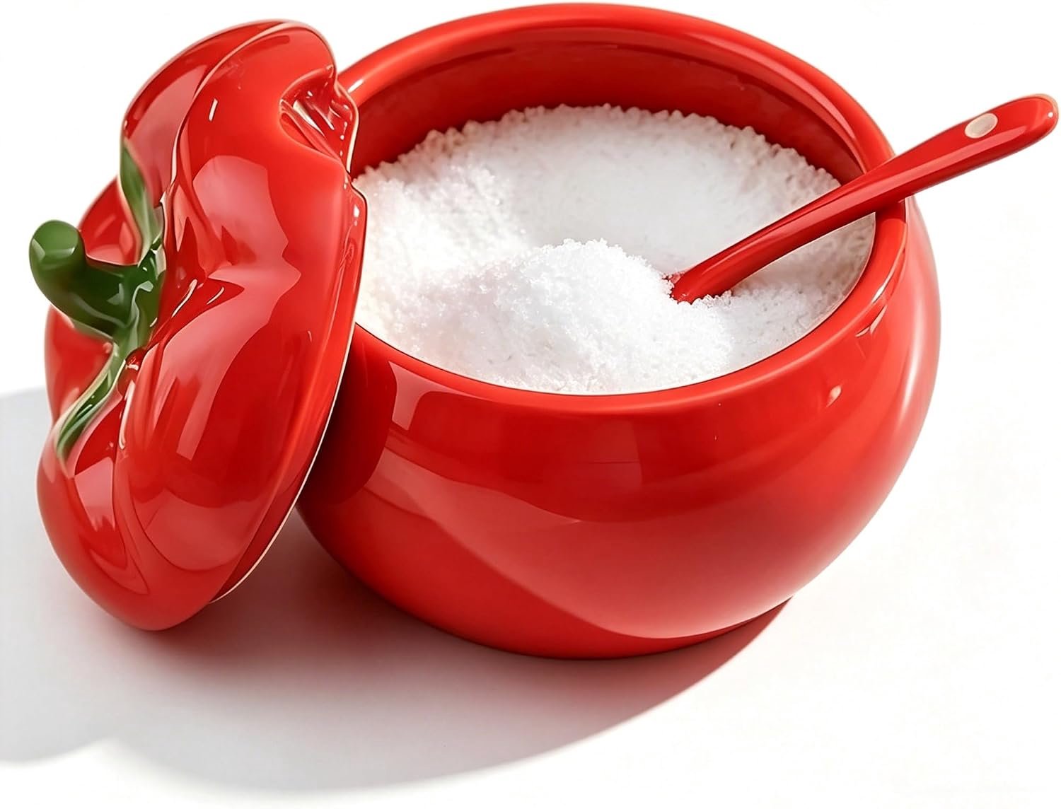 Keramische zoutkom in de vorm van een tomaat met deksel en lepel – 400 ml rode zoutkom, perfect voor op het aanrecht; een schattig kruidenpotje voor suiker, zout en diverse specerijen (tomatendesign).