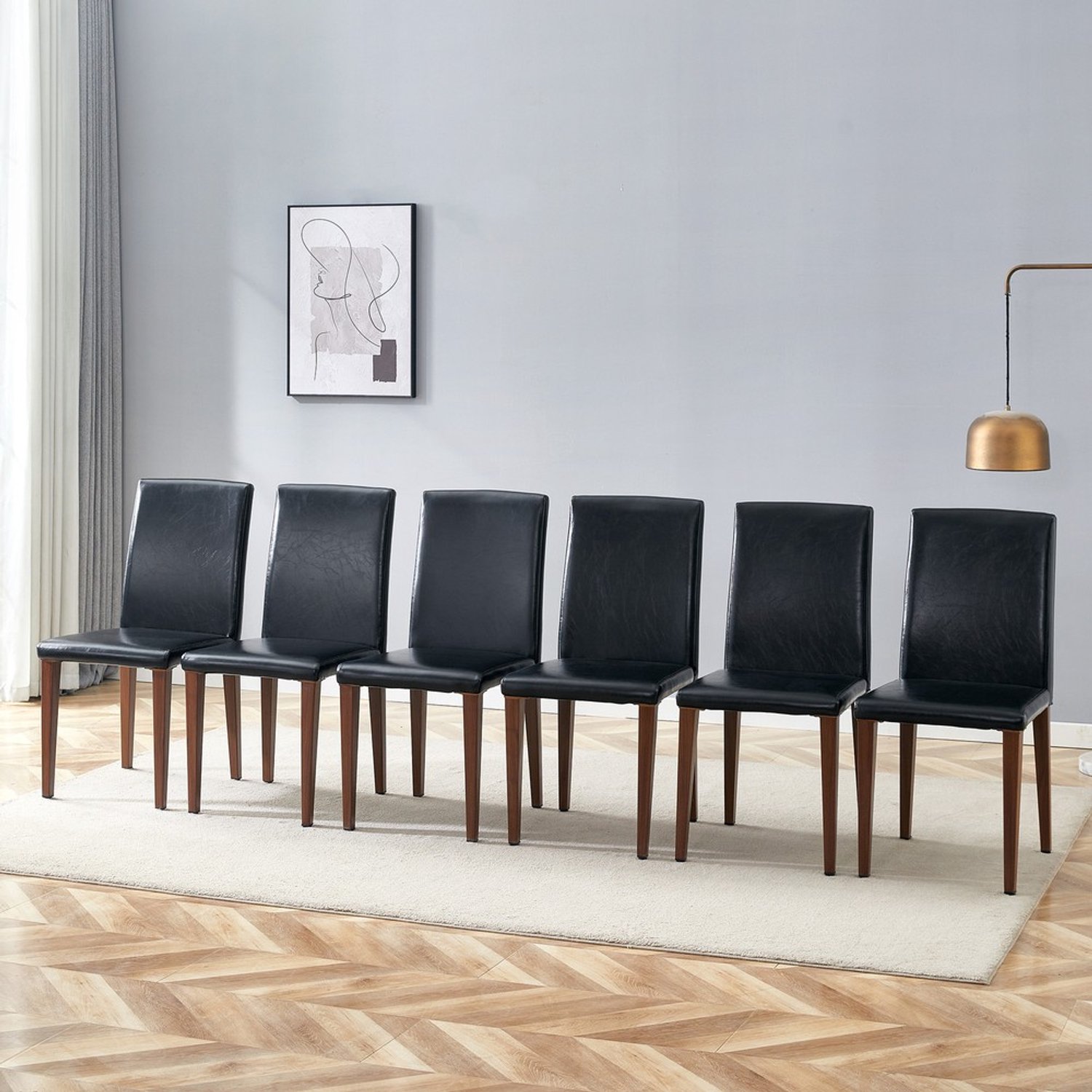 Pugsdrly Eetkamerstoelen - Set van 6 - Zwart - PU-leer - Metalen poten in notenhoutlook - Luchtige luxe stijl - Modern design Walnoot + zwart