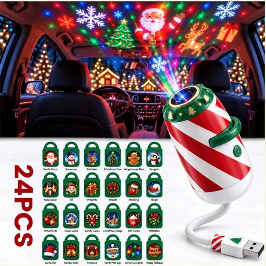 Kerstprojector - 24 stuks - Kerst Led-projector - Met 24 feestelijke patronen - USB-voeding - Plug and Play - Kerstdecoratie - Kerstman, sneeuwpoppen en kerstbomen - Voor kamperen, auto, plafond en wanddecoratie