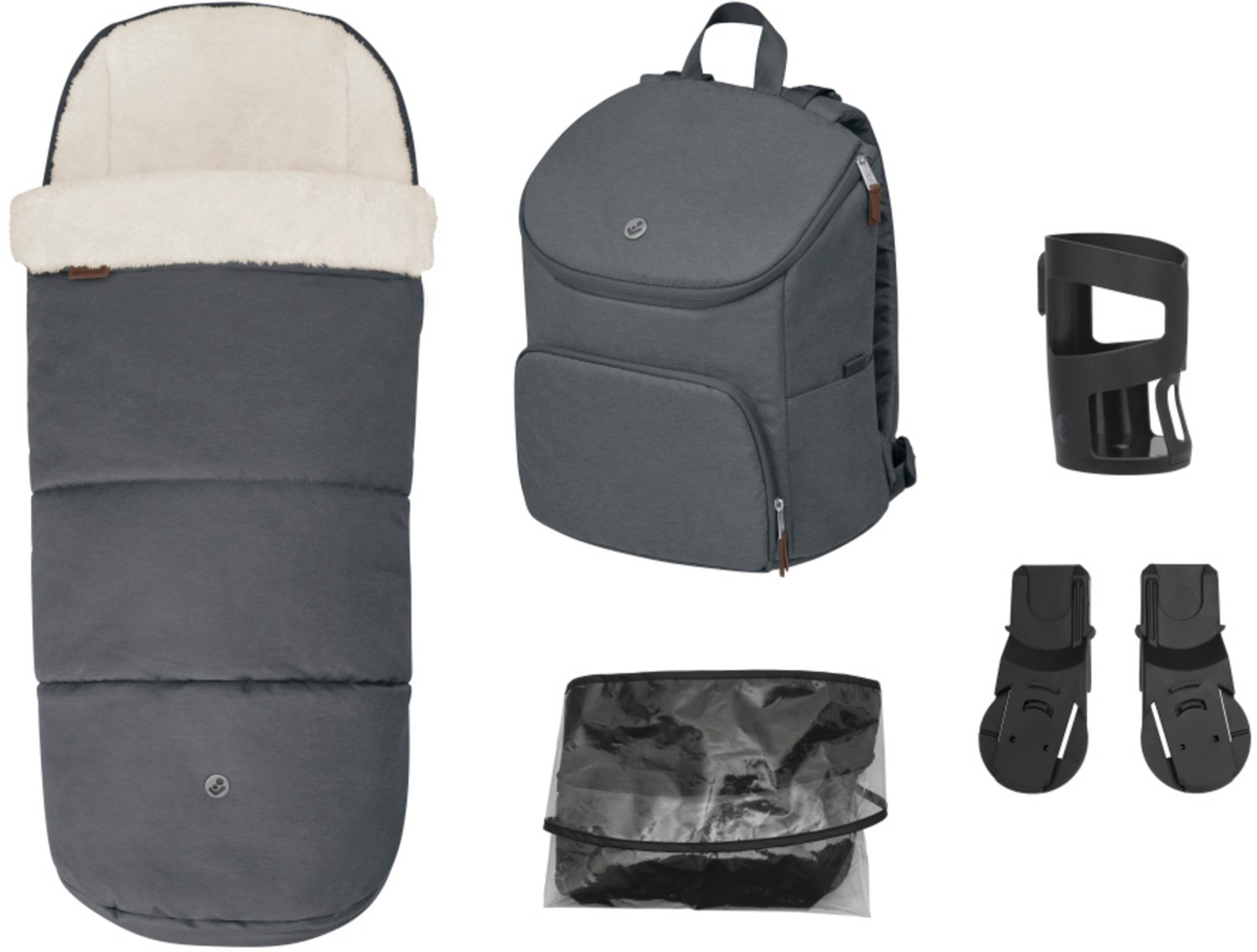 Maxi-Cosi Accessoireset voor Oxford Kinderwagen - Voetenzak, Luierrugzak, Bekerhouder, Autostoeladapters, Regenhoes - Twillic Graphite