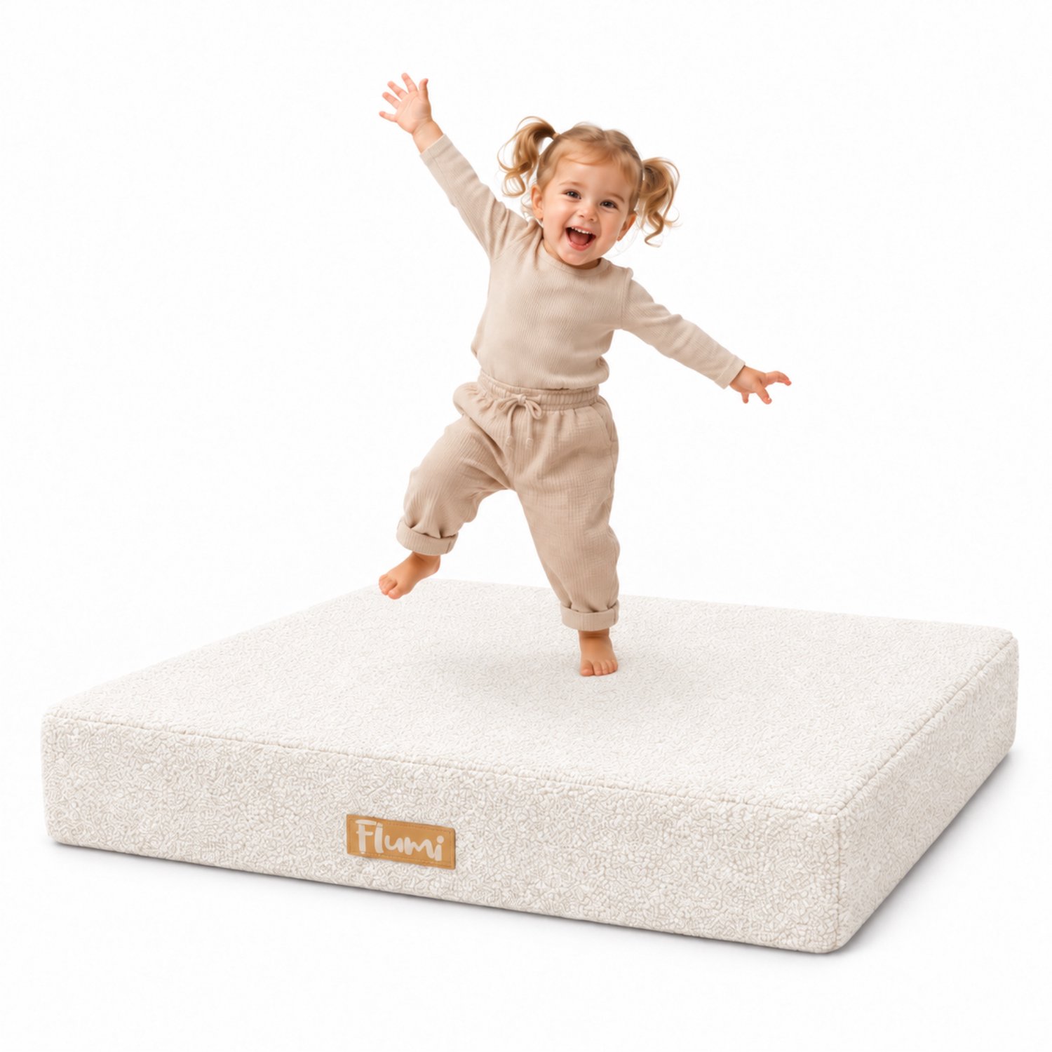 Flumi - Kinder Trampoline voor Thuis - Zachte Springmatras - Lichtbeige Teddy Stof - Afneembare Hoes - 110 x 71 cm