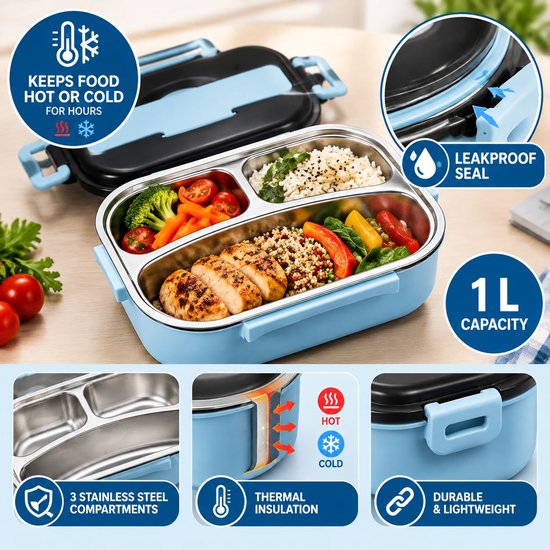 Thermische Lunchbox - 1 L - 23×17cm - Met 3 RVS Vakken - Geïsoleerde Voedselcontainer - Lekvrije Bento Box - Voor Kantoor,School en Onderweg - Blauw — cadeau in Koken & Dineren - foto 4