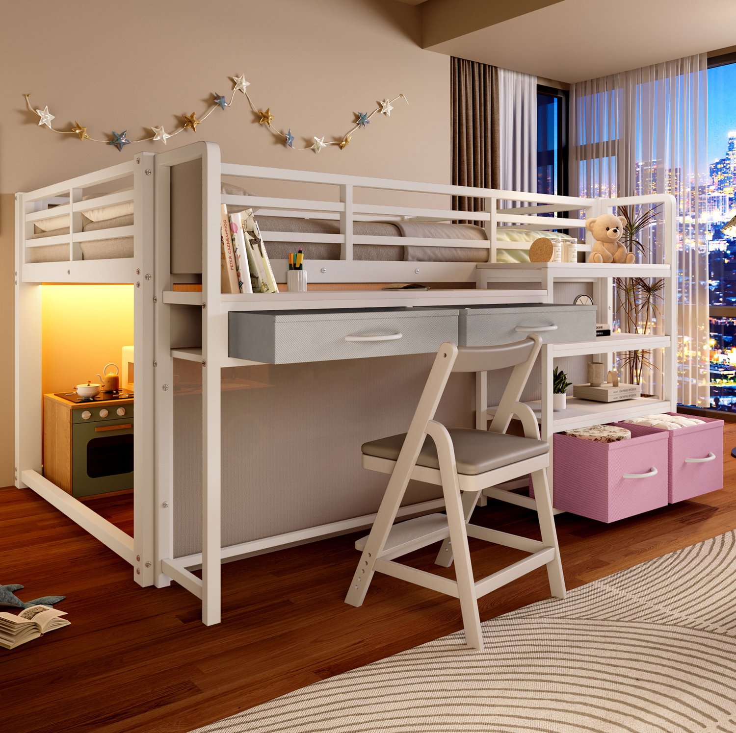 STILVORA Hoogslaper 140 x 200 cm – Bureau, Opbergruimte En LED-Verlichting – Laden En Gordijn – Kinderkamer – Metaal, MDF – Zonder Matras – Wit