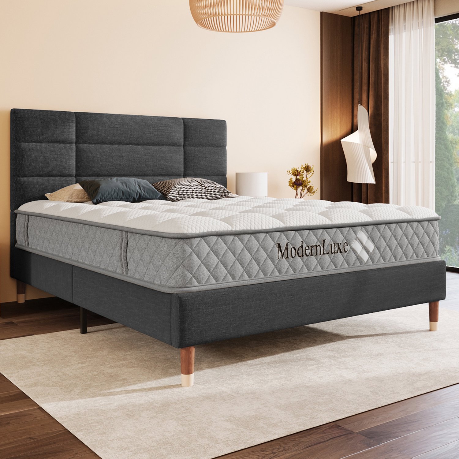 intebiki Gestoffeerd bed - tweepersoonsbed met lattenbodem - 140x200cm gestoffeerd bedframe met hoofdbord - in donkergrijs linnen - voor volwassenen en tieners (inclusief matras)