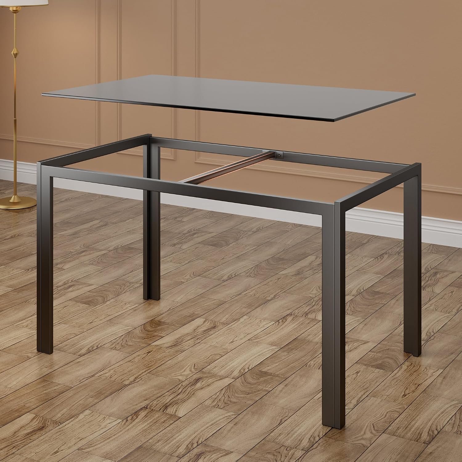 Moderne Glazen Eettafel Set met Zwarte Eetkamerstoelen voor 6 Personen – Rechthoekige Eetkamerset van Gehard Glas en Staal, 130 x 70 x 75 cm, Laurahomestore