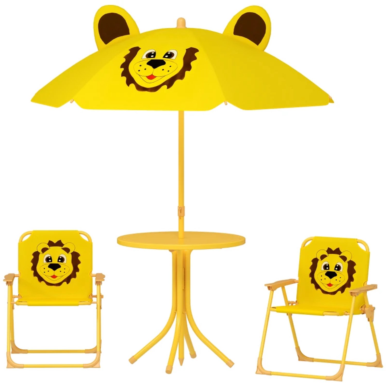 Kindertuinmeubelset - Tafel en stoelen met parasol - Leeuwendesign - Geel