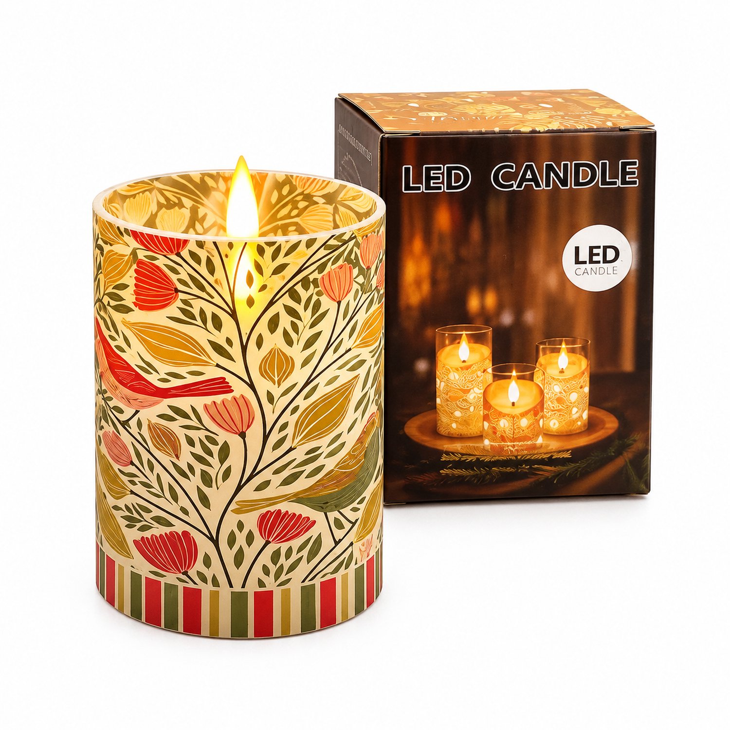 SWGOTA led kaarsen - 1 decoratieve kaars, 7,5 x 10 cm, bloemen en vogels, warm licht, zonder batterijen Crème