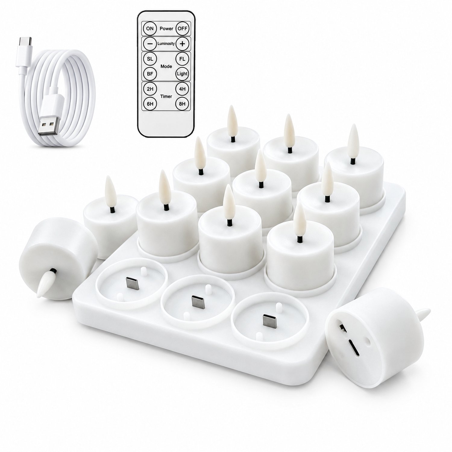 SWGOTA Elektronische kaarsen, 12 stuks, wit, 3 × 4 cm - oplaadbaar via USB-C, met laadstation, afstandsbediening en laadkabel voor woondecoratie