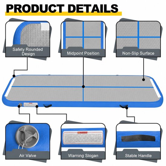 Opblaasbare turnmat, 2 m/3 m/4 m/5 m/6 m, 10 cm hoog, luchttrainingsmat met luchtpomp, voor familiegebruik, yoga, water, dans, 5 m x 1 m x 20 cm, blauw — afbeelding 3