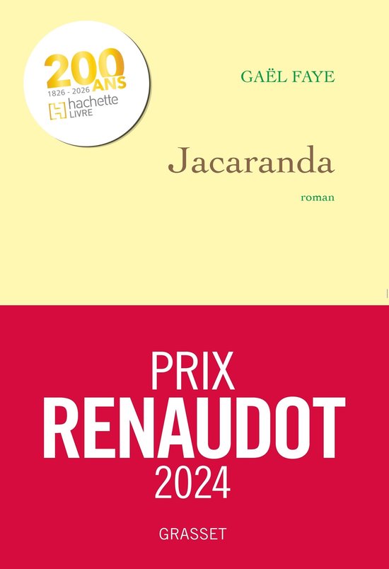 Boekomslag 'Jacaranda' van Gaël Faye met 'Prix Renaudot 2024' vermelding op een rode en lichtgele achtergrond.