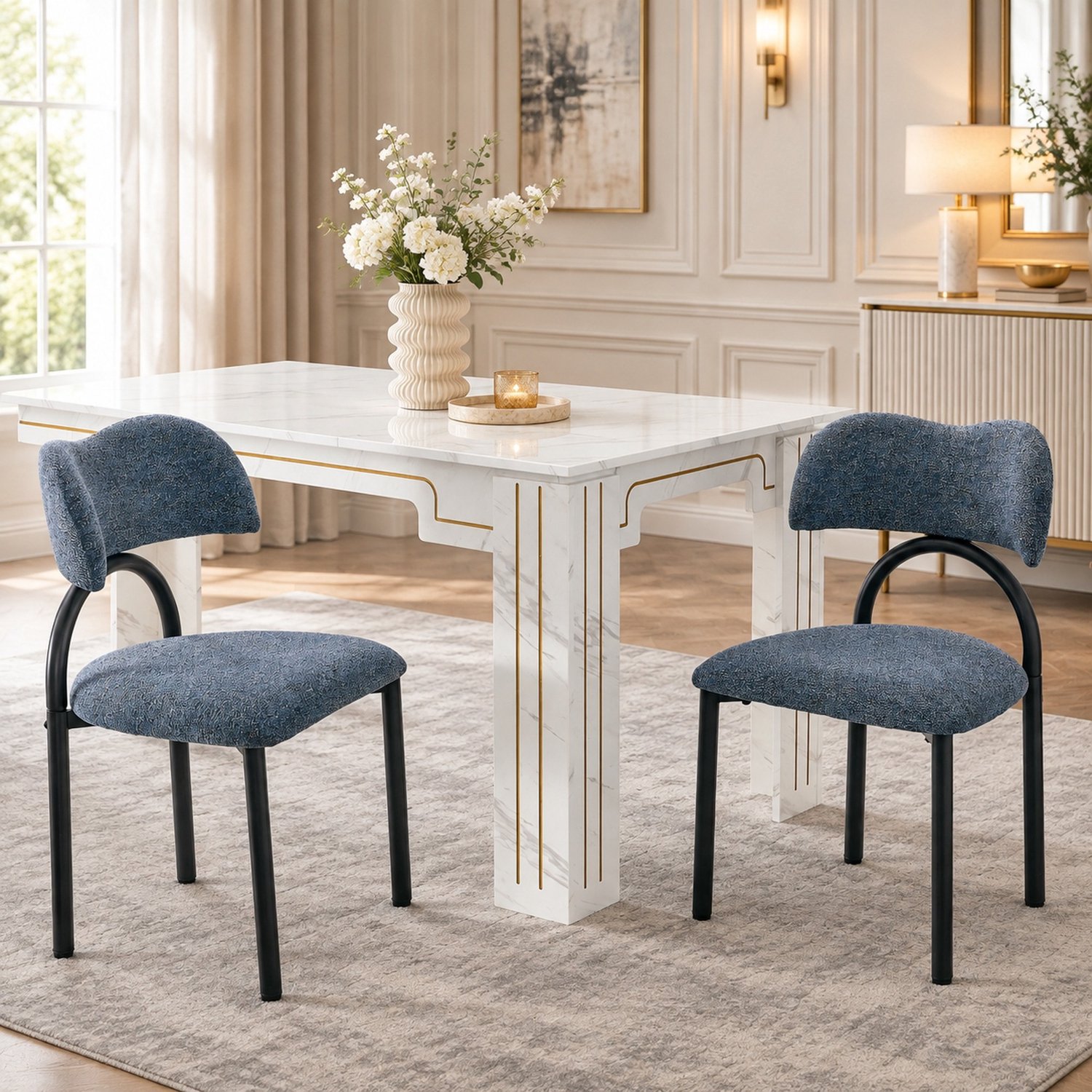 MODFU Set Van 2 Eetkamerstoelen - Gewatteerd - Modern - Stof - Blauw