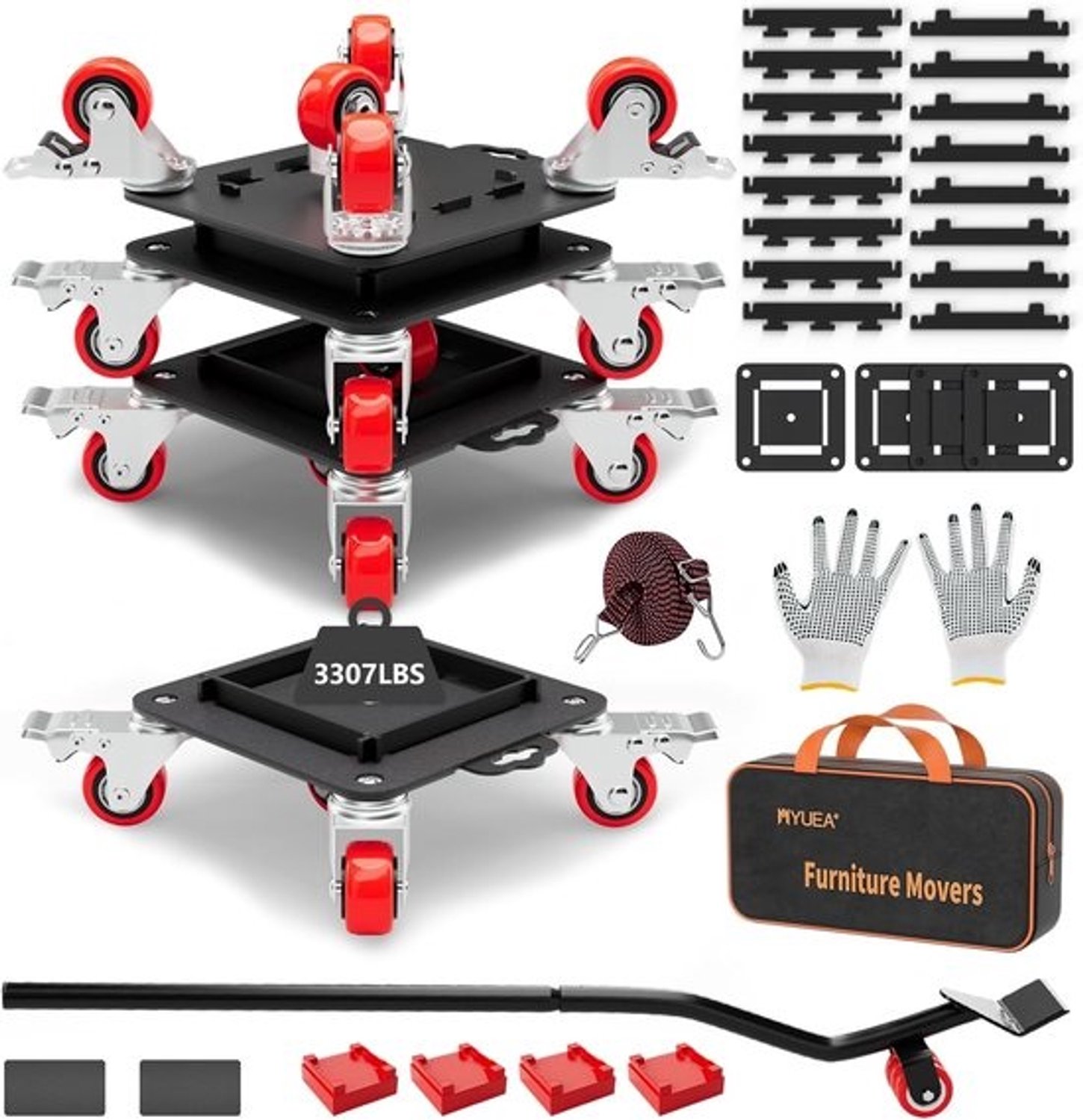 Möbeldolly met 5 wielen - Verhuisplatform - Zware meubels verplaatsen - 360 graden zwenkwielen - 16.5x16.5x7 cm - Rood
