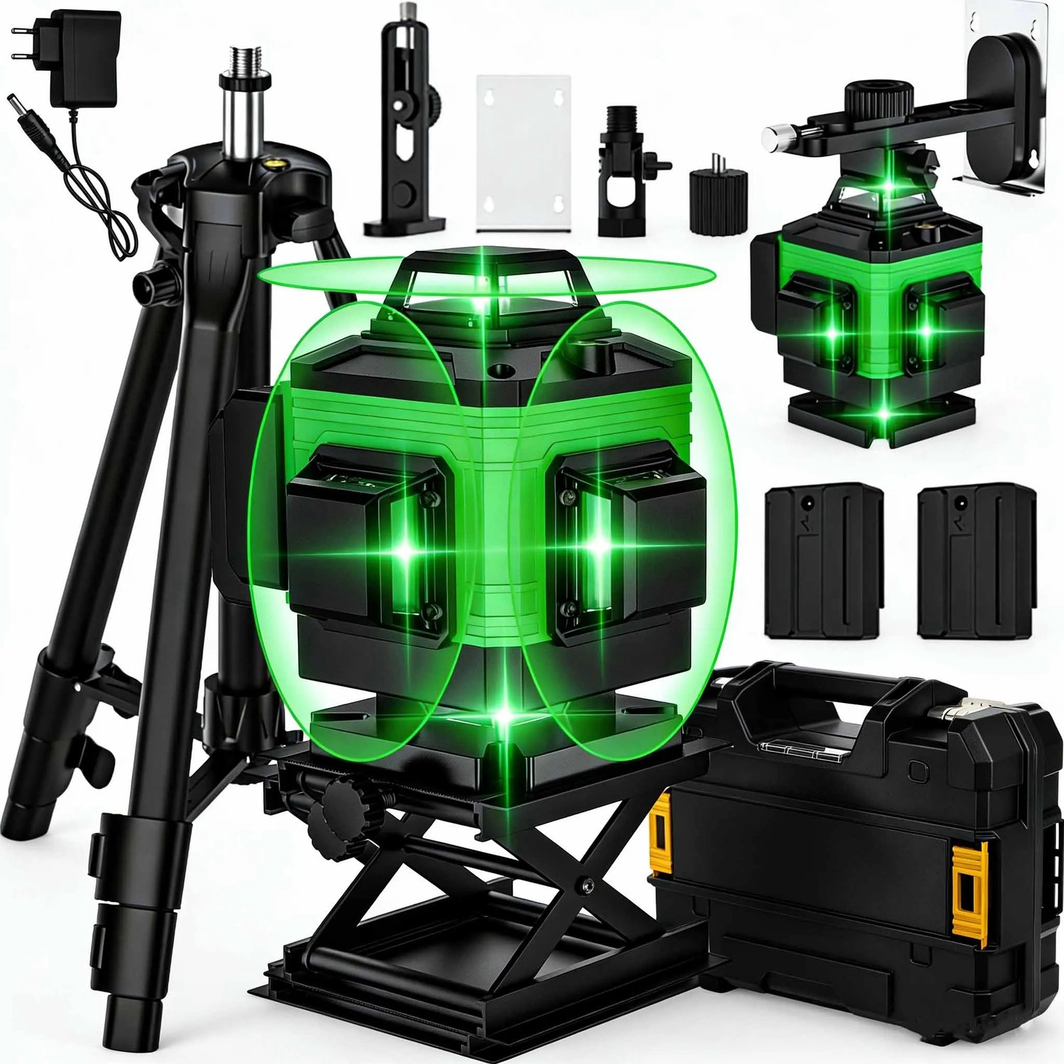 Tremeo Lijnlaser - Kruislijnlaser - Incl. Statief en accessoires - Zelfnivellerend - 4D - Laser waterpas - 16 groene laserlijnen -