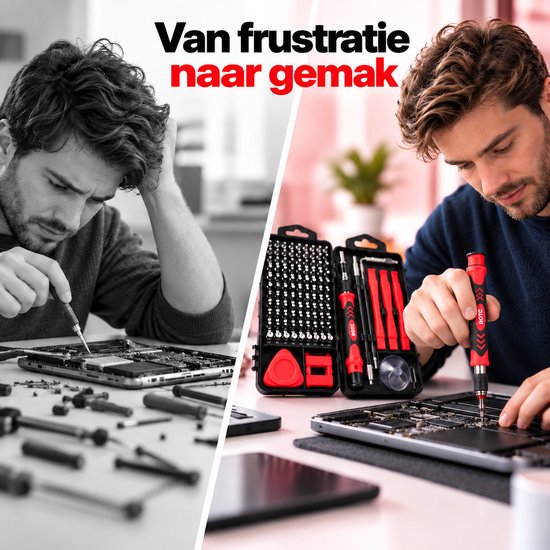 Vergelijking van gefrustreerde en geconcentreerde technicus met BOTC schroevendraaierset. Tekst: Van frustratie naar gemak.