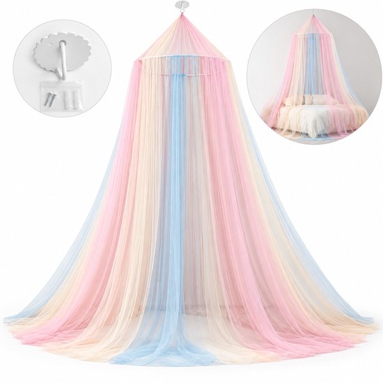 Bedhemel in pasteltinten met tule stof, inclusief details van de witte ophanghaak en bevestigingsmateriaal.