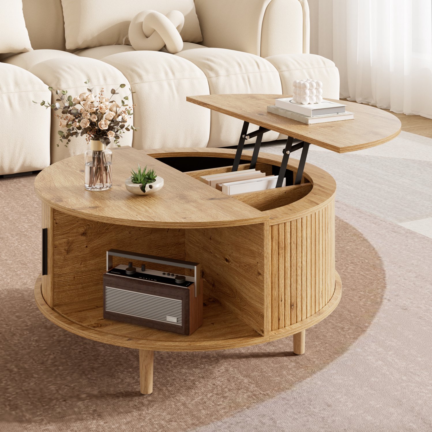 CHICFURN Salontafel - hoogteverstelbaar - rond - eikenkleur