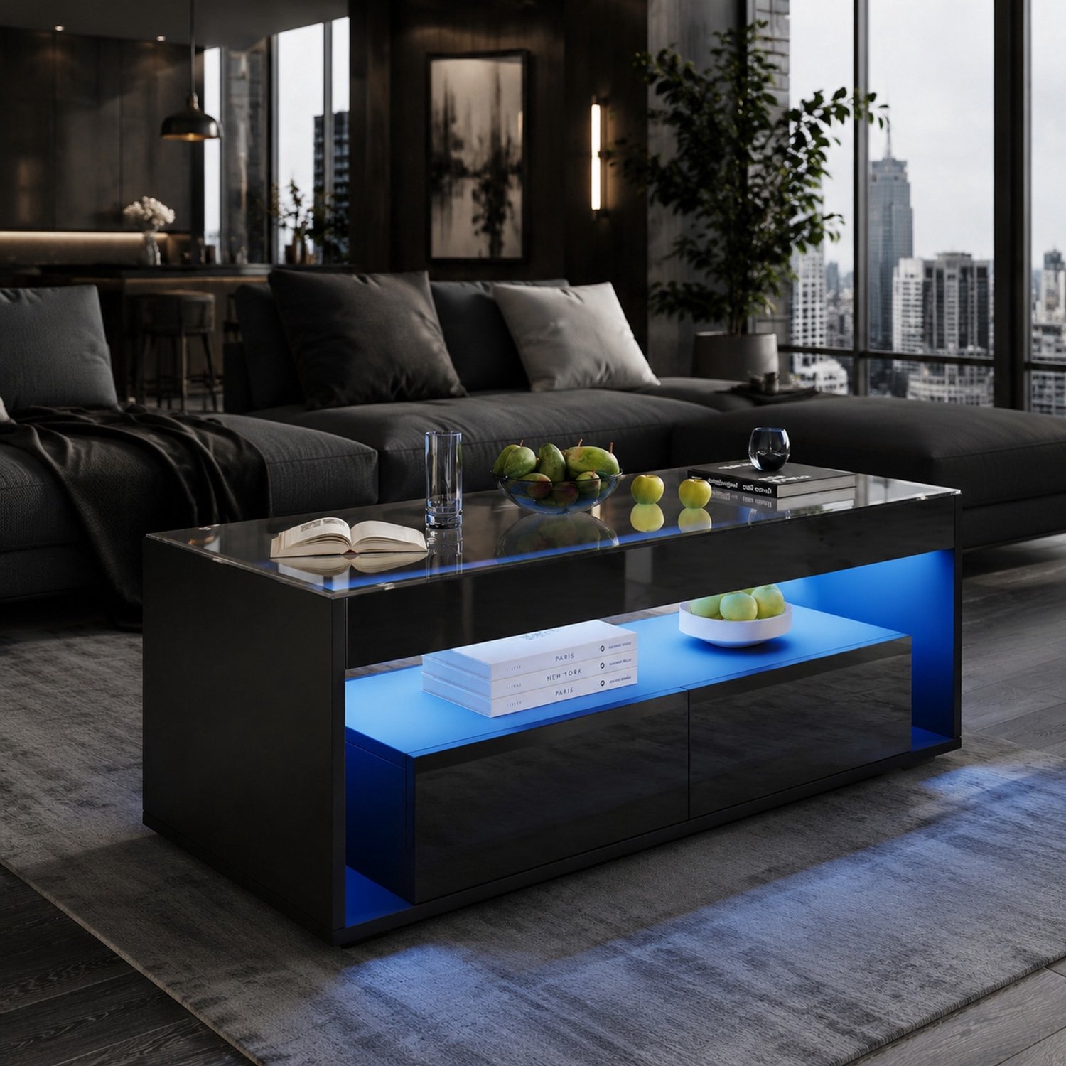 CHICFURN Salontafel 100 cm - LED-verlichting - 2 lades en open vakken - woonkamer - spaanplaat en gehard glas - zwart