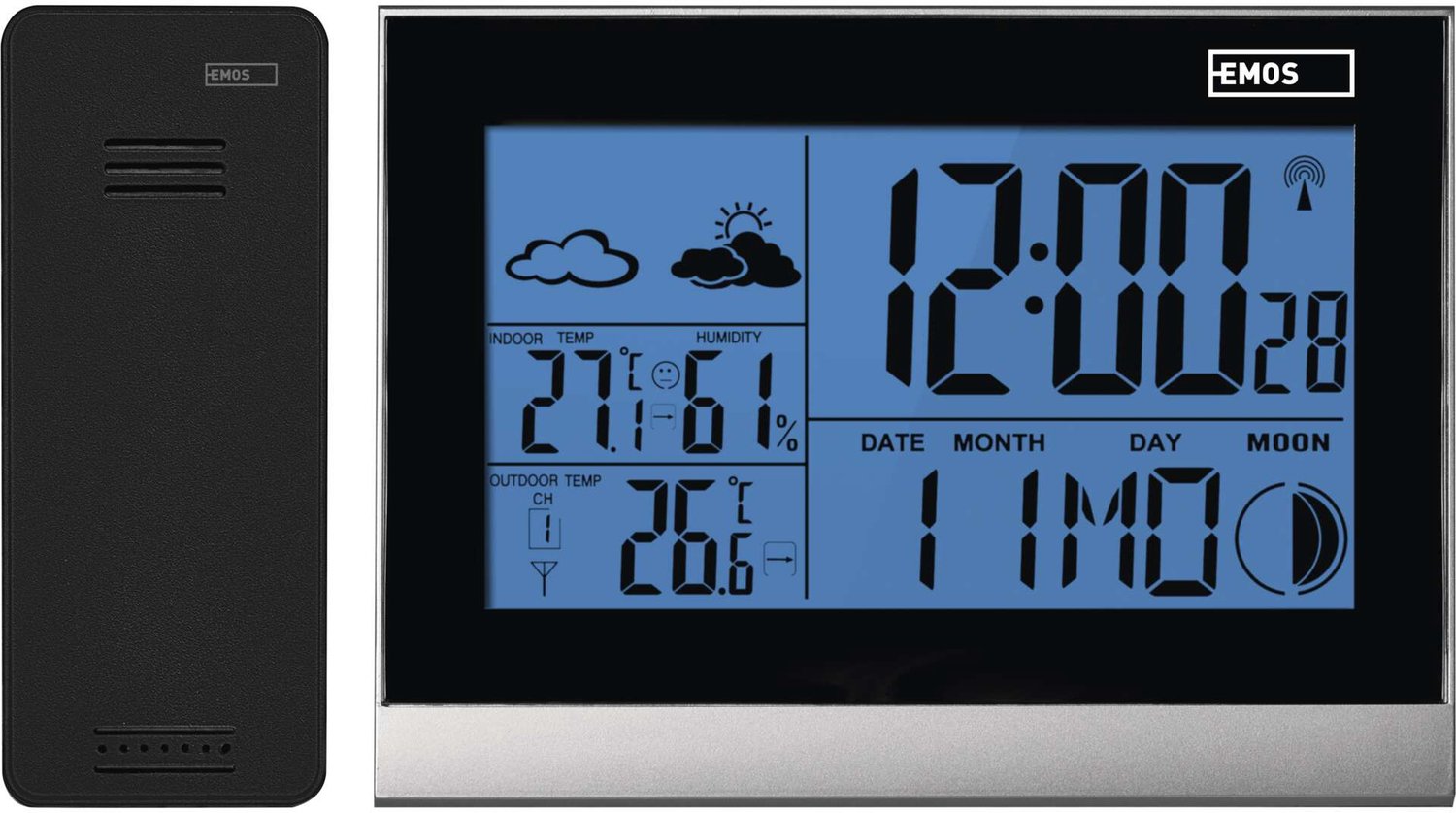 Emos Weerstation Draadloos Binnen en Buiten - Met Buitensensor - Op Batterijen - E3070- Zwart