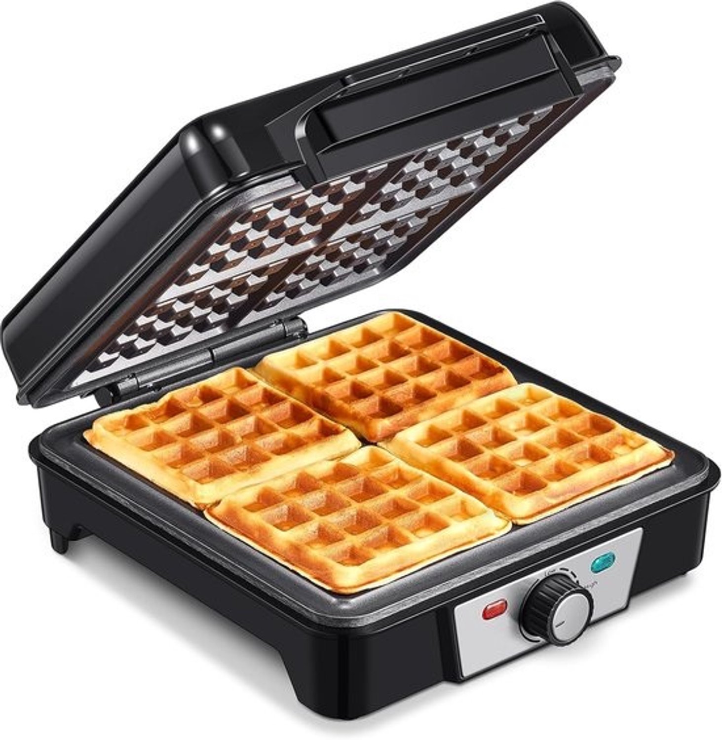 Wafelijzer - Bakplaat voor wafels - Gezinsontbijt - Instelbare bruining - 4 Belgische Wafels - Zwart