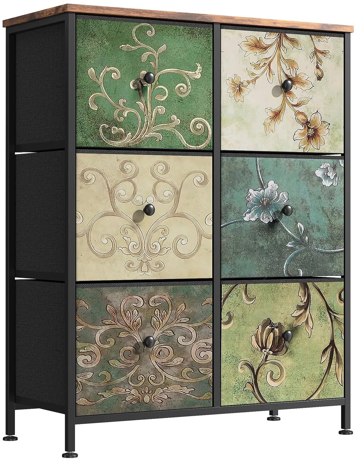 MokoHub Boheemse Ladekast met 6 Lades - Houten Paneel - Stoffen Laden - Metalen Frame - Kaptafel - 6 laden: 67.5x30x86.5 cm