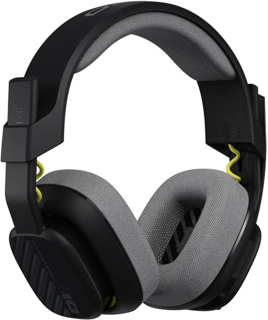 Zwarte ASTRO A10 gaming-headset met grijze oorkussens, gele accenten en een gestroomlijnd ontwerp.