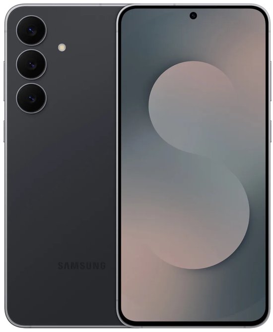 Zwart toestel naast een scherm met S-vormige achtergrond, beide met Samsung-merk.