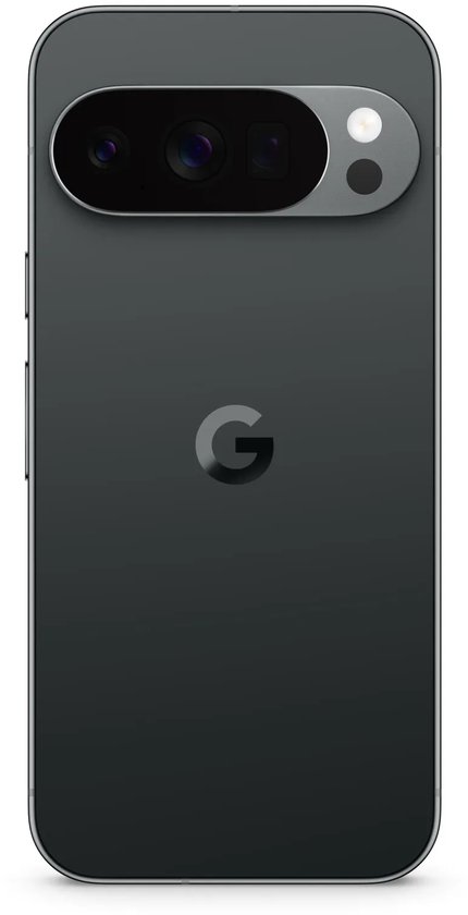 Rechte achterzijde van een zwarte Google Pixel-smartphone met het Google G-logo in het midden.