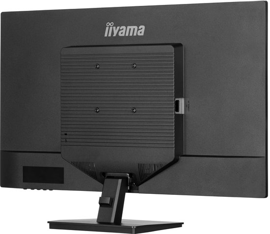 Zijaanzicht van de achterkant van de zwarte iiyama monitor met zichtbare stroomaansluiting.