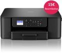 Zwarte Brother multifunctionele printer met lcd-scherm en een rode cirkel met '15€ Reembolso'.